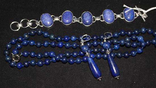 A Lapis Lazuli bracelet, necklace and pair of drop earrings.